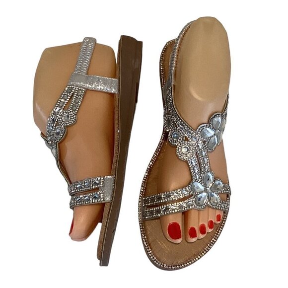 Dressy BOHO Rhinestone Flower Silver Flat Comfort Sandal Sz 38 US 7.5 #292G - Picture 5 of 8